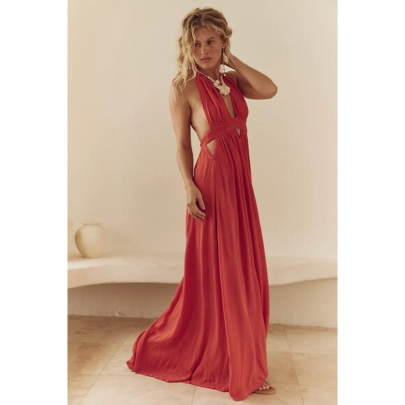 Free People Dresses & Skirts - Free People Look Into the Sun Maxi Dress Halter Beach Smocked Cutout S 283185